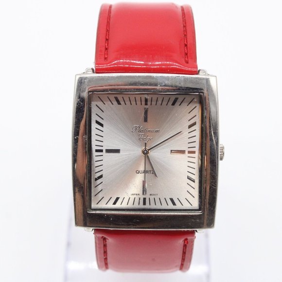 Platinum Edge Watch Womens Silver Tone Stainless Steel Big Face Red Leather Band - Picture 2 of 8